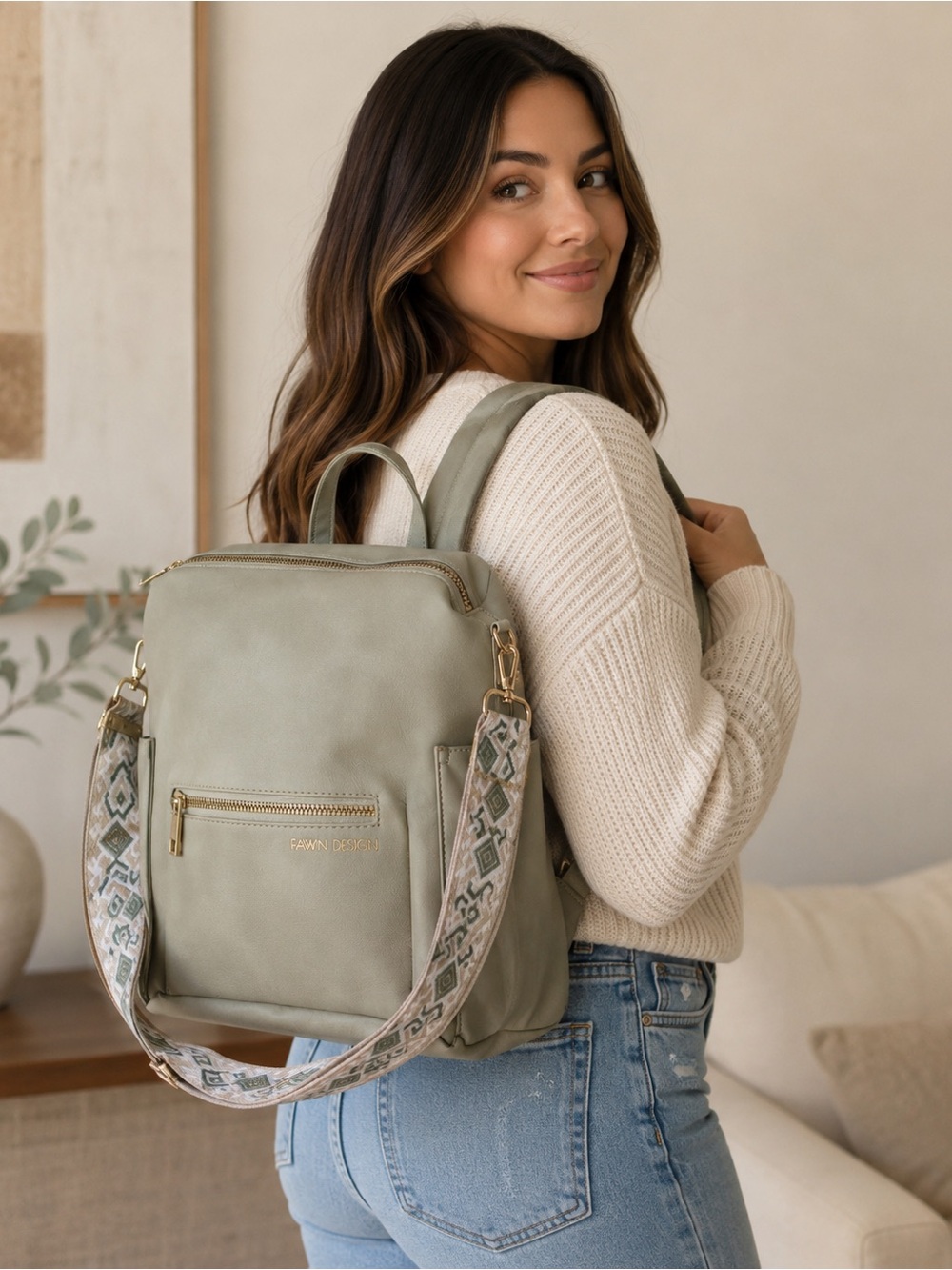 NEW Fawn Design The Original Diaper Bag, Backpack, Purse w crossbody strap Green